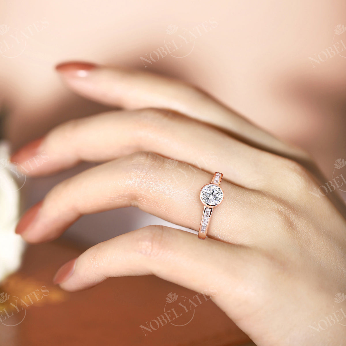 Art Deco Moissanite & Baguette CZ Bezel Engagement Ring Rose Gold