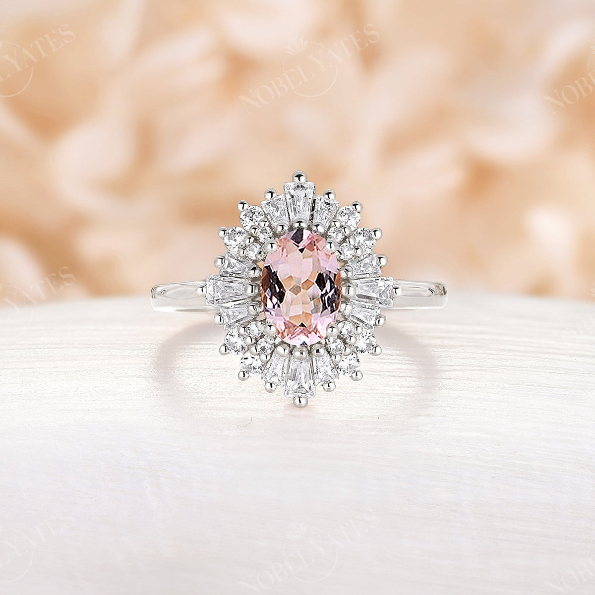 Oval Pink Morganite Art deco Halo Engagement Ring Rose Gold