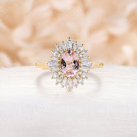Oval Pink Morganite Art deco Halo Engagement Ring Rose Gold