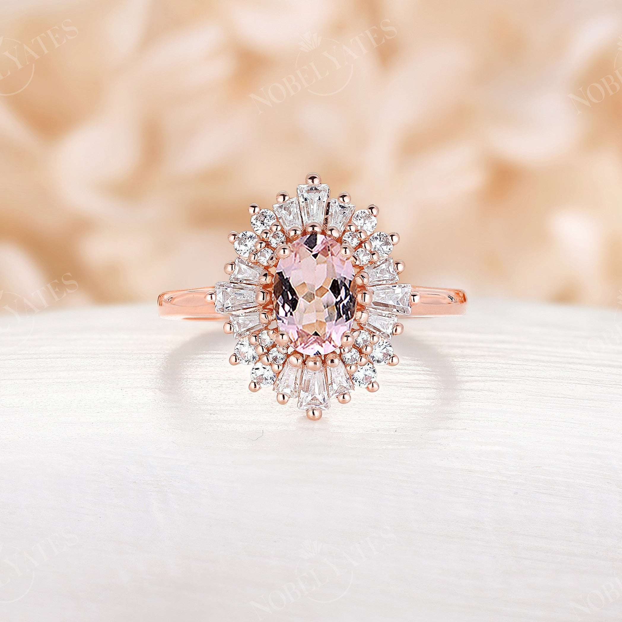 Rose Gold Oval Morganite Engagement Ring Lab Peach Morganite Ring Simulated Diamond Halo Art Deco Ring Sterling hot Silver Ring Womens Ring