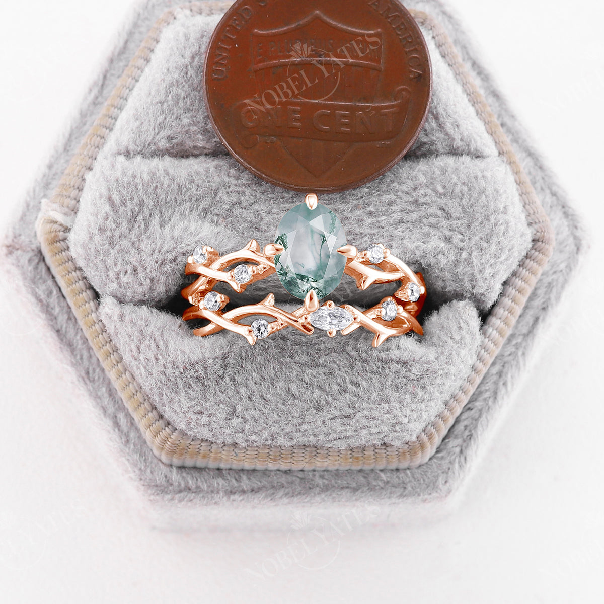 Nature Twig & Branch Oval Moss Agate Rose Gold Engagement Ring Set Half Eternity