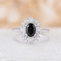 Art Deco Oval Black Onyx White Gold Halo Engagement Ring