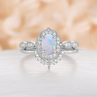 Antique Milgrain Oval Opal Halo Bridal Set Rose Gold