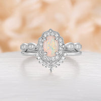 Antique Milgrain Oval Opal Halo Bridal Set Rose Gold