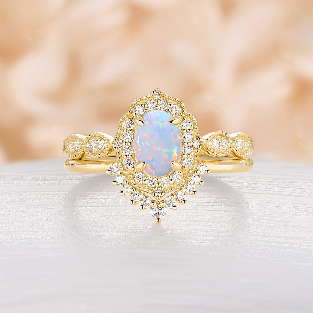 Antique Milgrain Oval Opal Halo Bridal Set Rose Gold