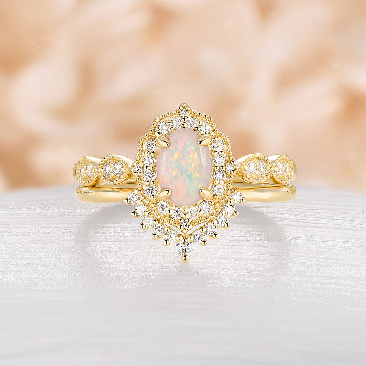 Antique Milgrain Oval Opal Halo Bridal Set Rose Gold