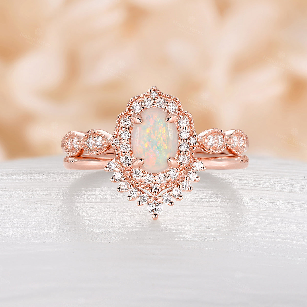 Antique Milgrain Oval Opal Halo Bridal Set Rose Gold