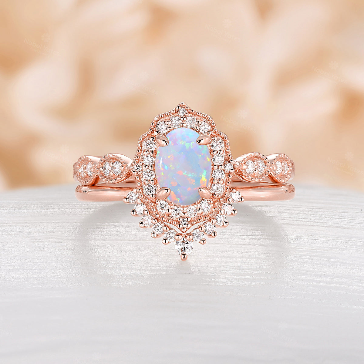 Antique Milgrain Oval Opal Halo Bridal Set Rose Gold