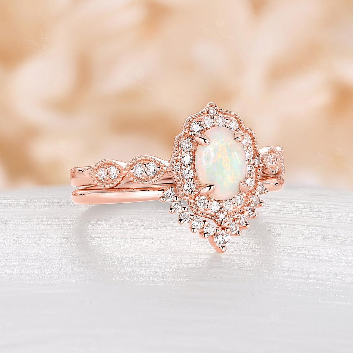 Antique Milgrain Oval Opal Halo Bridal Set Rose Gold