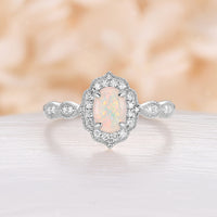 Vintage Oval White Opal Engagement Ring Milgrain Halo Rose Gold Band