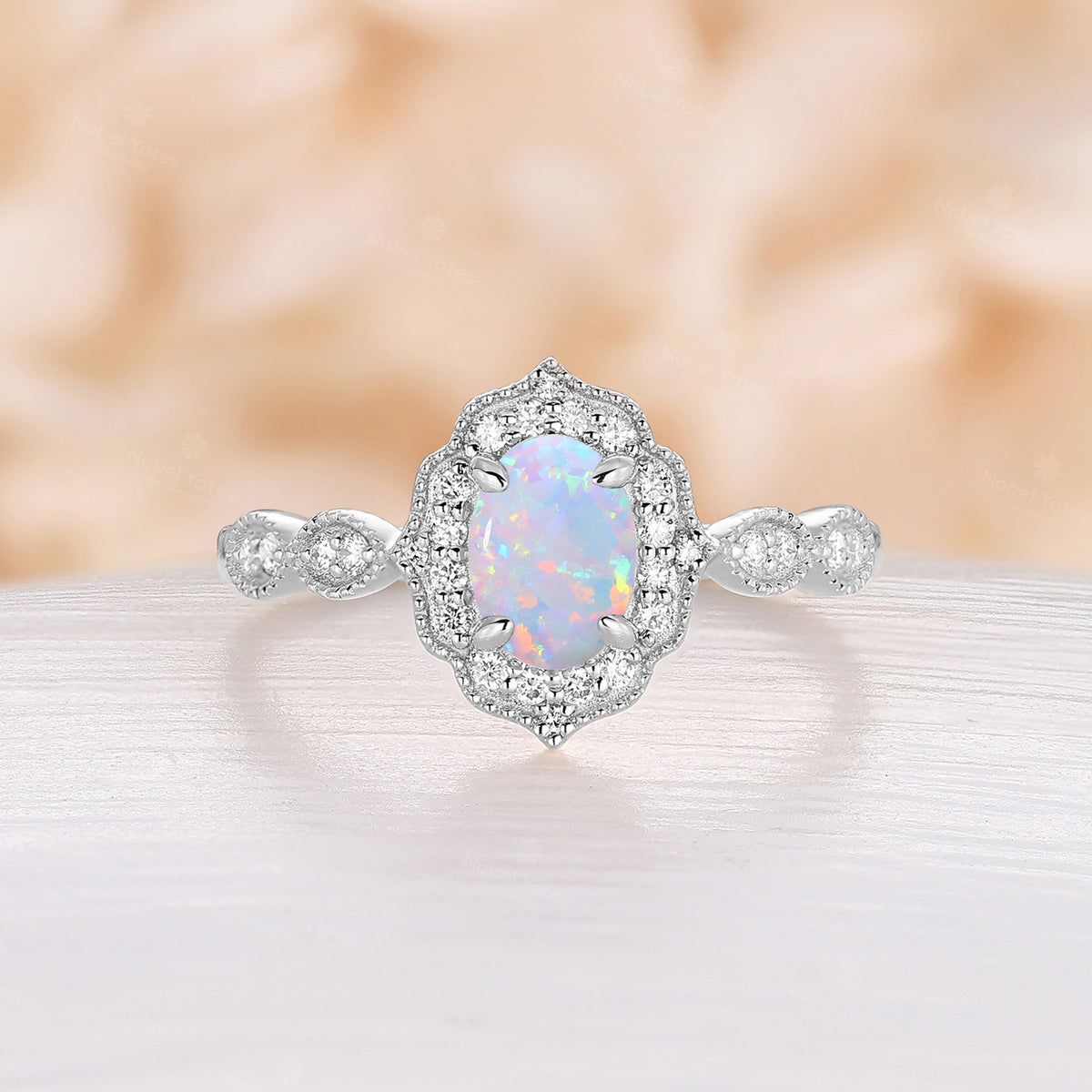 Vintage Oval White Opal Engagement Ring Milgrain Halo Rose Gold Band