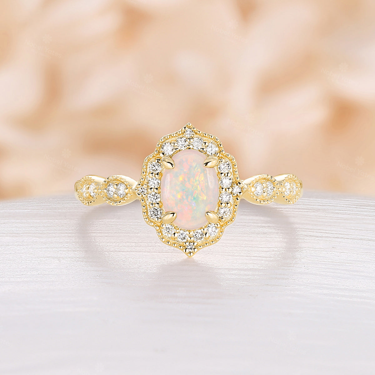 Vintage Oval White Opal Engagement Ring Milgrain Halo Rose Gold Band