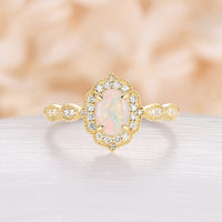 Vintage Oval White Opal Engagement Ring Milgrain Halo Rose Gold Band