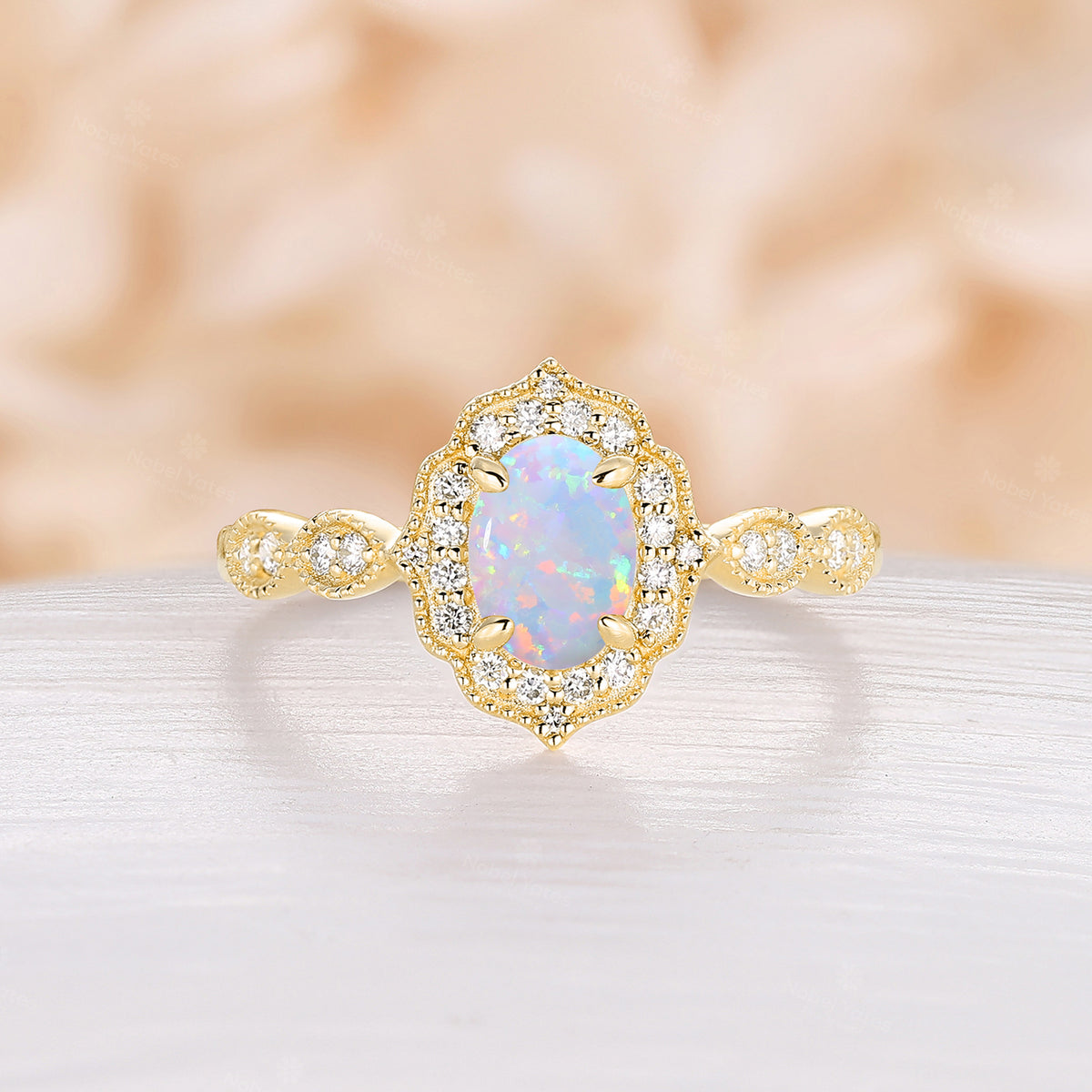 Vintage Oval White Opal Engagement Ring Milgrain Halo Rose Gold Band