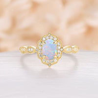 Vintage Oval White Opal Engagement Ring Milgrain Halo Rose Gold Band