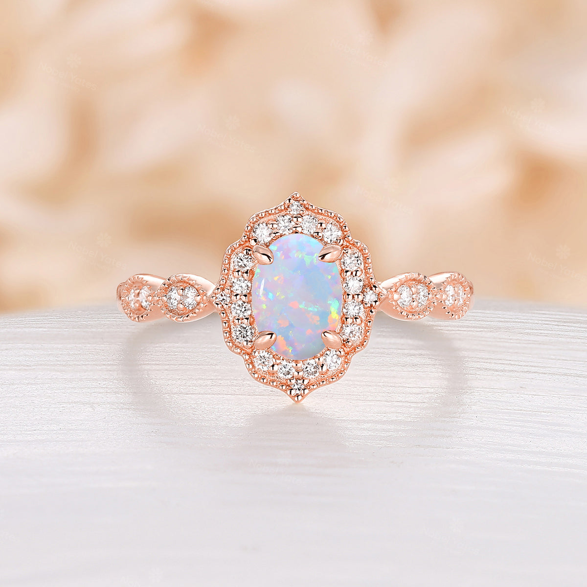 Vintage Oval White Opal Engagement Ring Milgrain Halo Rose Gold Band