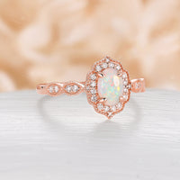 Vintage Oval White Opal Engagement Ring Milgrain Halo Rose Gold Band