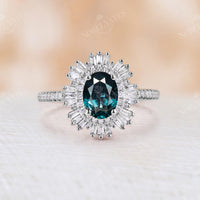 Art Deco Teal Sapphire Baguette Halo Engagement Ring Pave Band