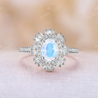 Art deco Starburst Oval White Opal Engagement Ring Rose Gold