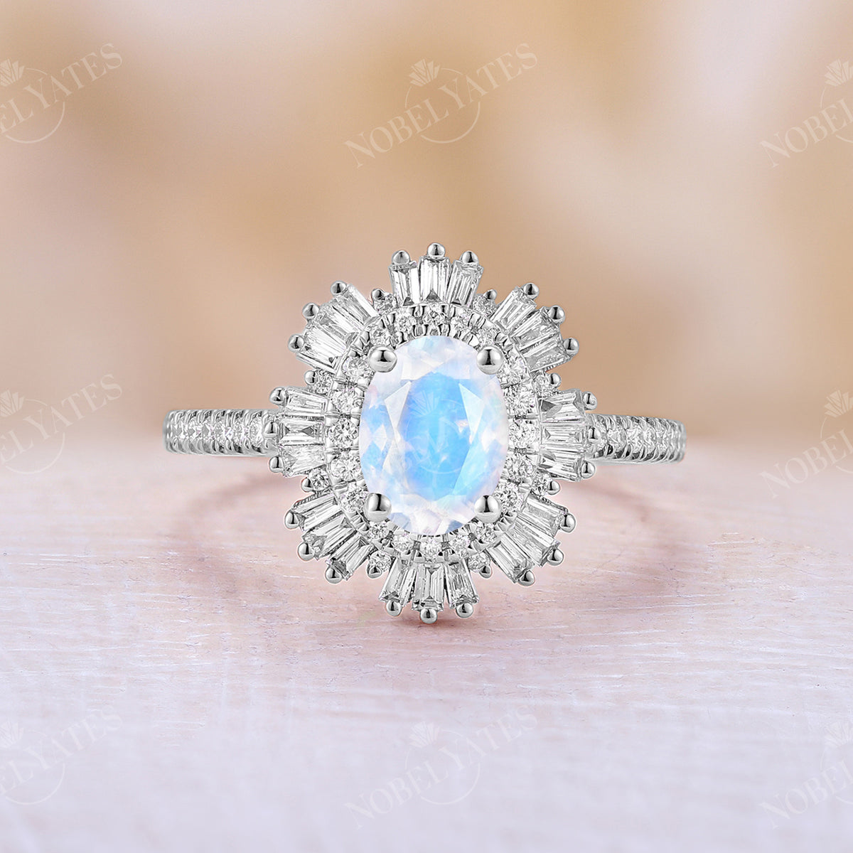 Oval Blue Moonstone Art Deco Engagement Ring Rose Gold Halo