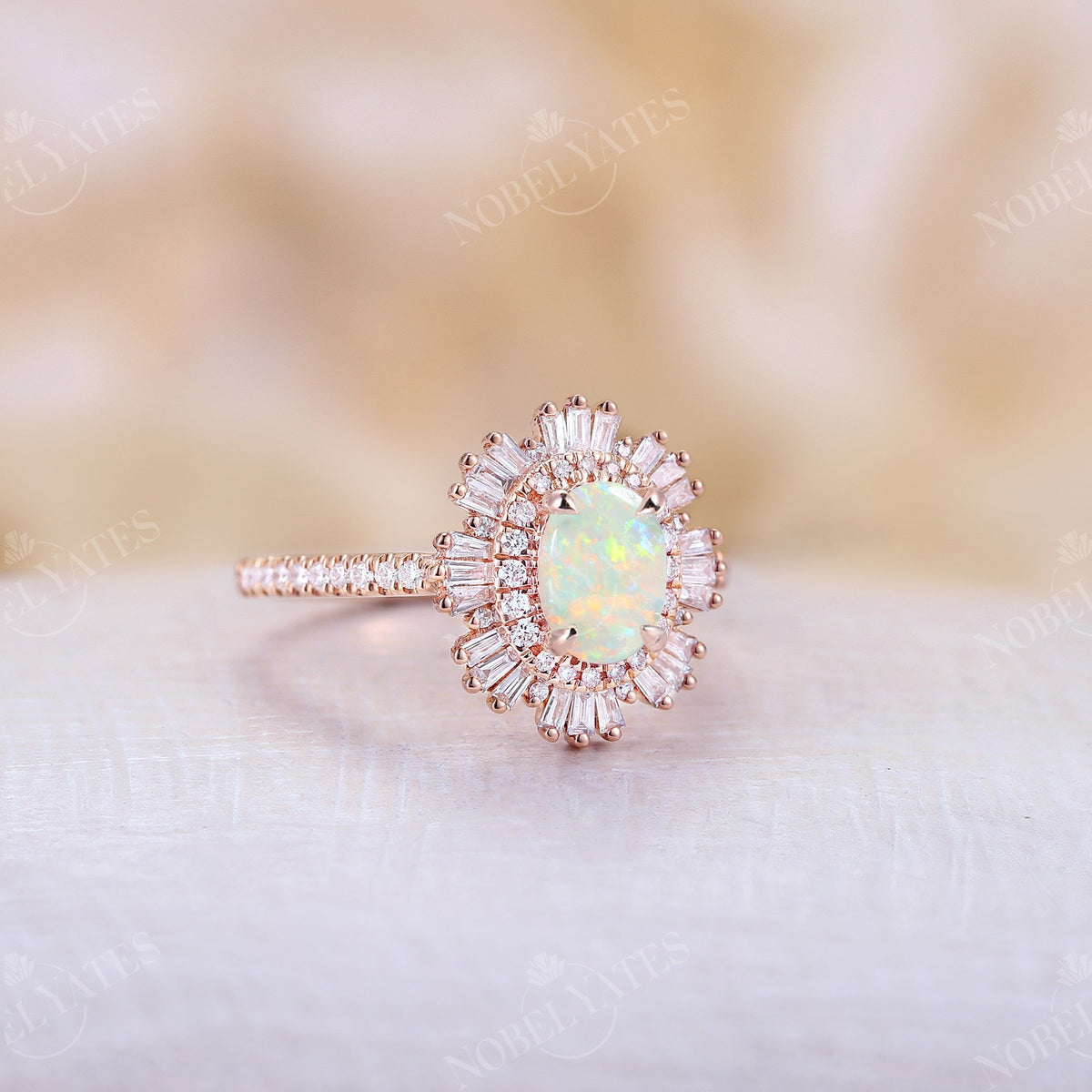 Art deco Starburst Oval White Opal Engagement Ring Rose Gold