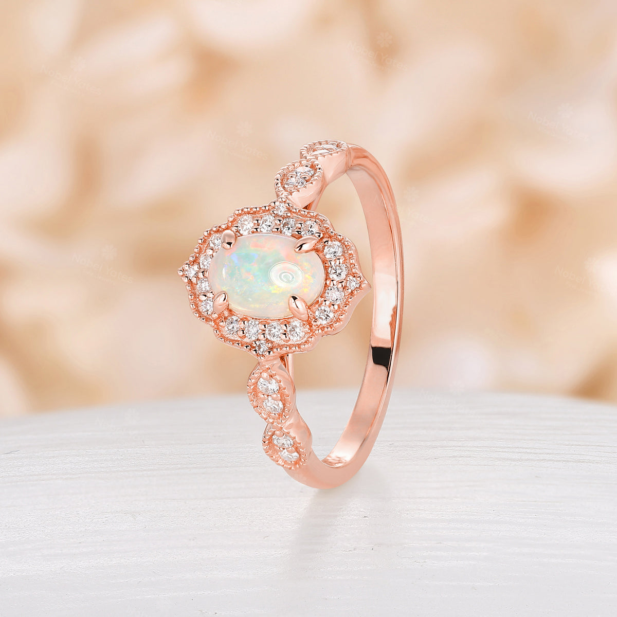 Vintage Oval White Opal Engagement Ring Milgrain Halo Rose Gold Band