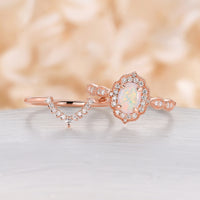 Antique Milgrain Oval Opal Halo Bridal Set Rose Gold