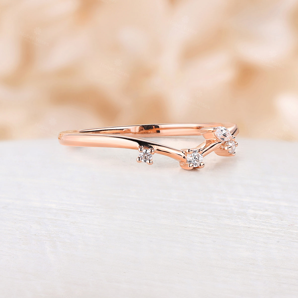 Round Moissanite Curved Rose Gold Matching Wedding Band Dainty