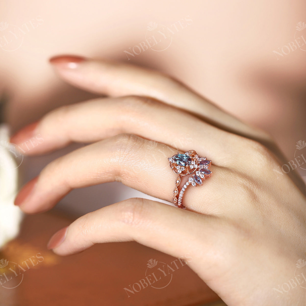 Lab Alexandrite Oval Engagement Ring Set Rose Gold Vintage Milgrain Ring