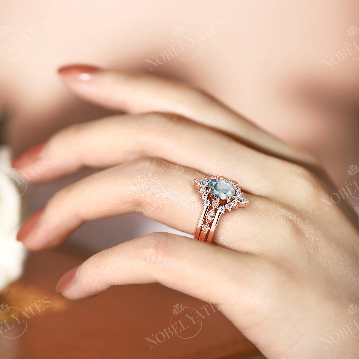 Vintage Oval Moss Agate Engagement Ring Set Rose Gold Milgrain Ring