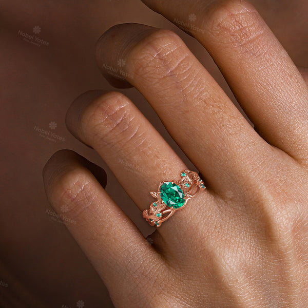 Yellow Gold Lab Emerald Oval Engagement Ring Set Nature Inspired