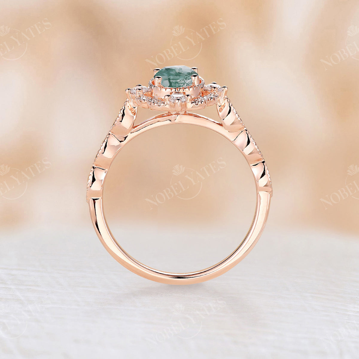 Moss Agate Oval Engagement Ring Vintage Rose Gold Milgrain