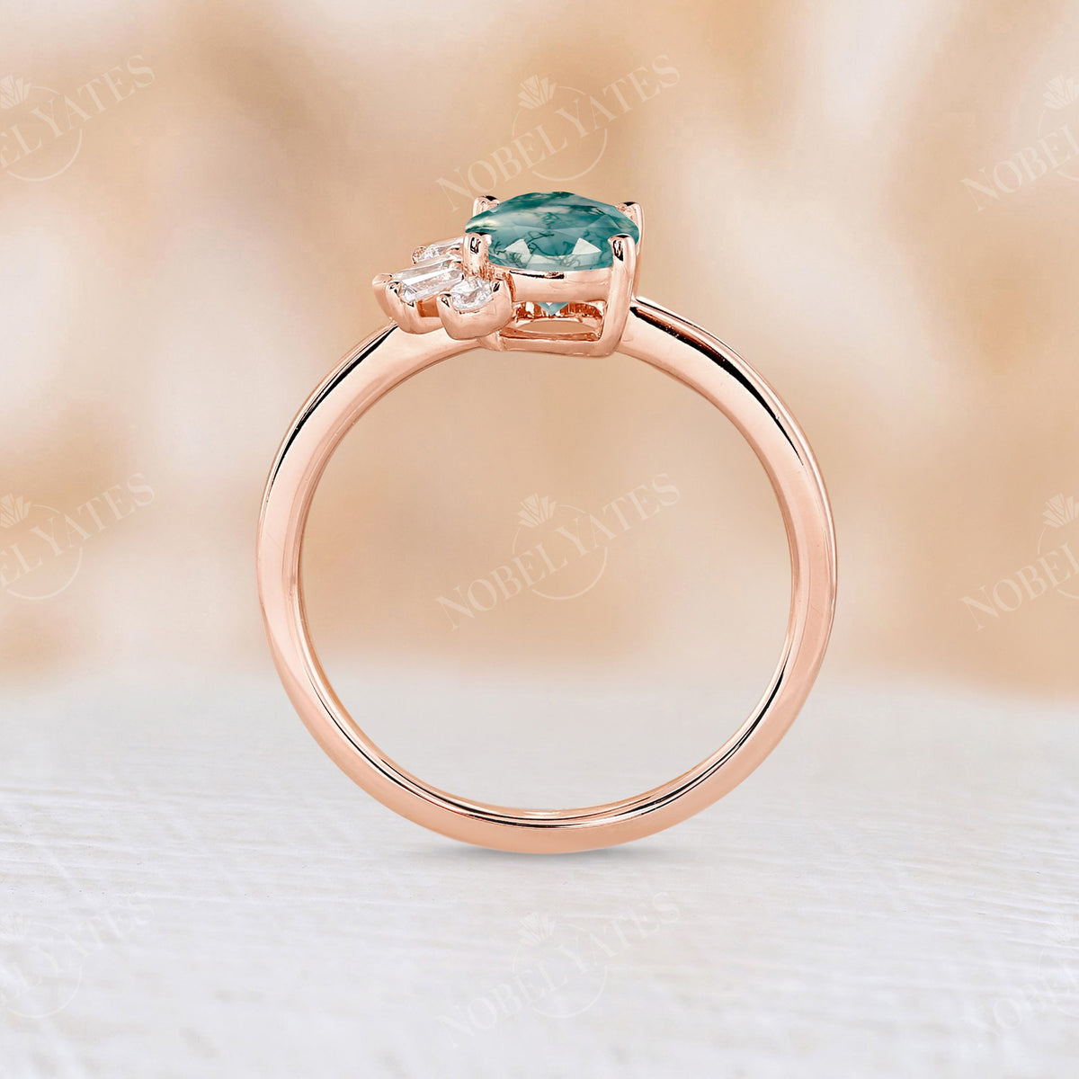 Art Deco Oval Cut Moss Agate Engagement Ring Rose Gold