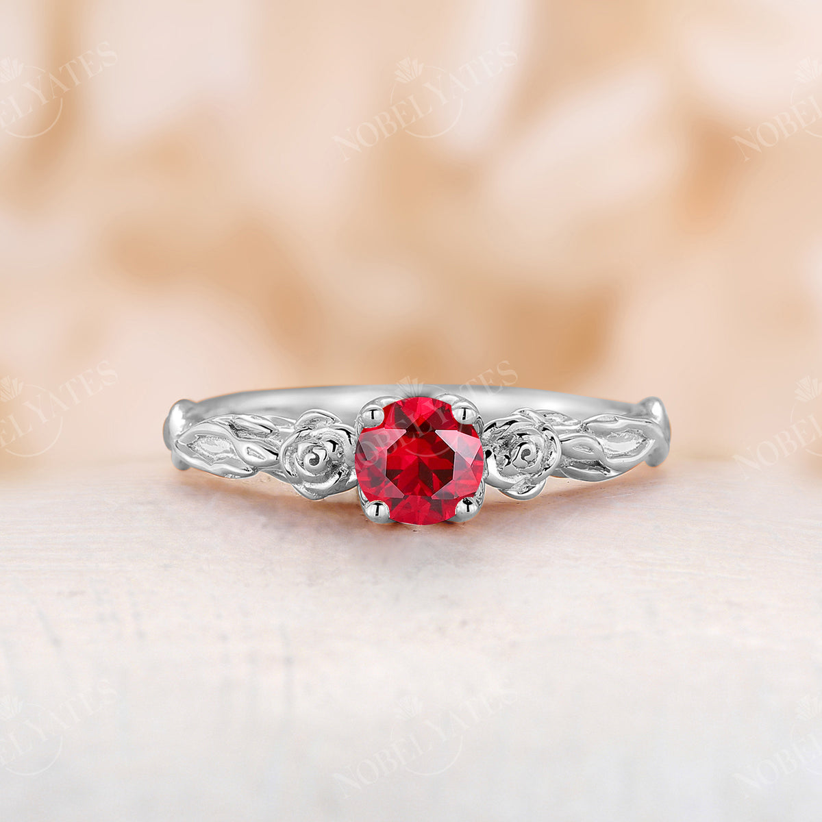 Twist Floral Solitaire Lab Ruby Engagement Ring Nature Rose Gold