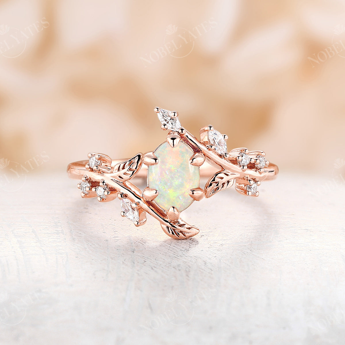 Nature Inspired Oval Lab Opal Branch Leaf Engagement Ring Rose Gold