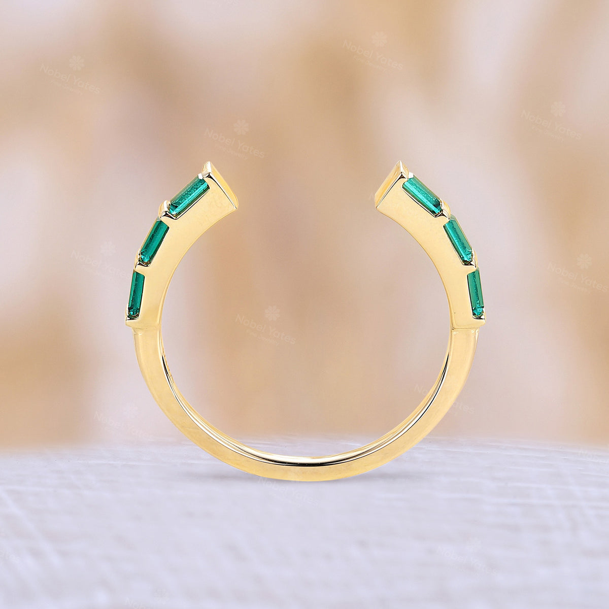 Yellow Gold Baguette Lab Emerald Open Straight Matching Wedding Band