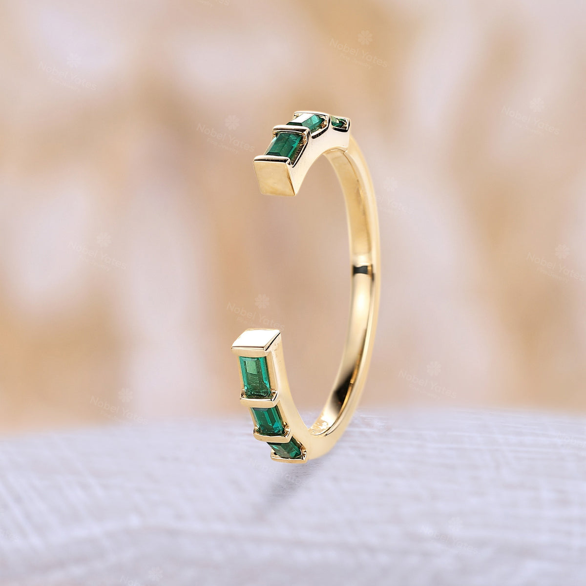 Yellow Gold Baguette Lab Emerald Open Straight Matching Wedding Band