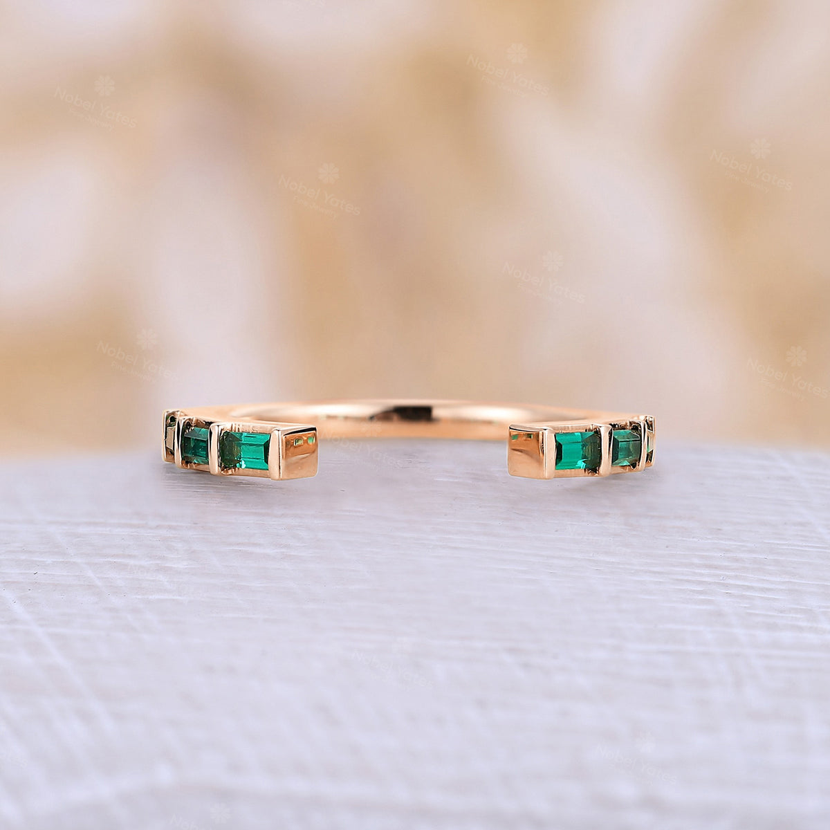 Yellow Gold Baguette Lab Emerald Open Straight Matching Wedding Band