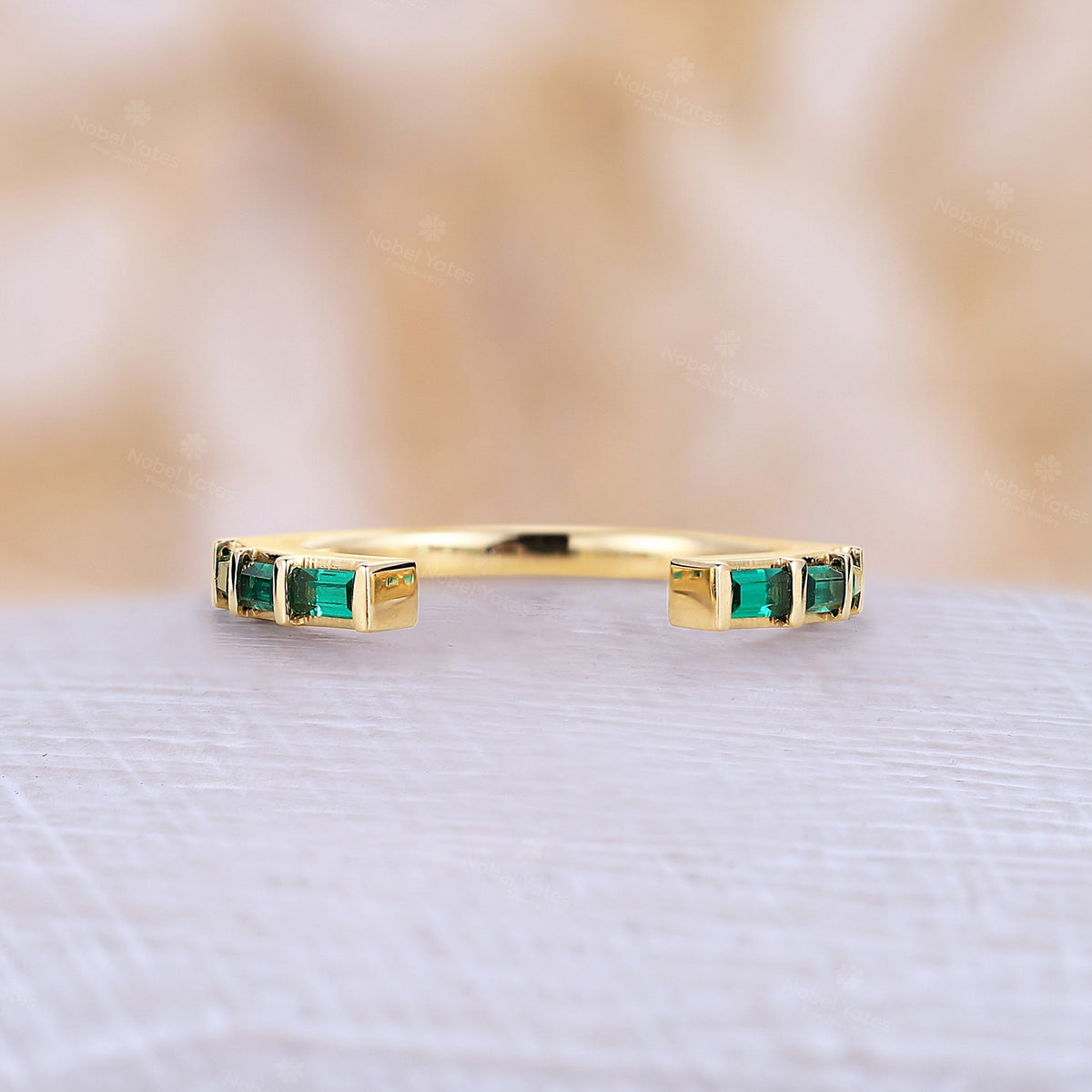 Yellow Gold Baguette Lab Emerald Open Straight Matching Wedding Band