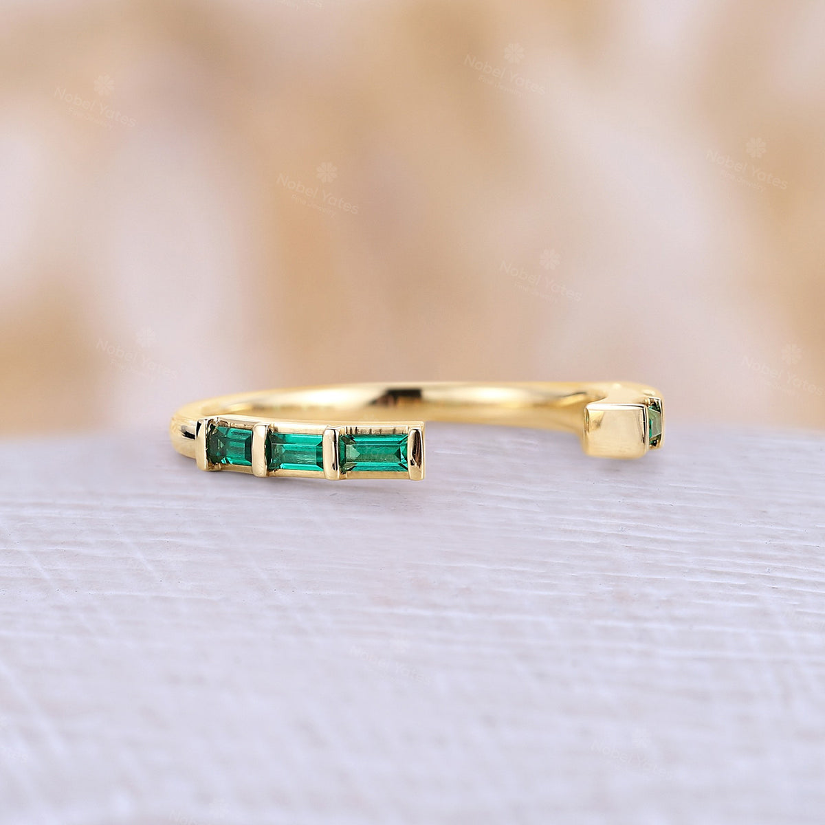 Yellow Gold Baguette Lab Emerald Open Straight Matching Wedding Band