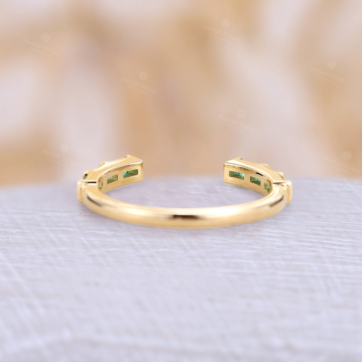 Yellow Gold Baguette Lab Emerald Open Straight Matching Wedding Band