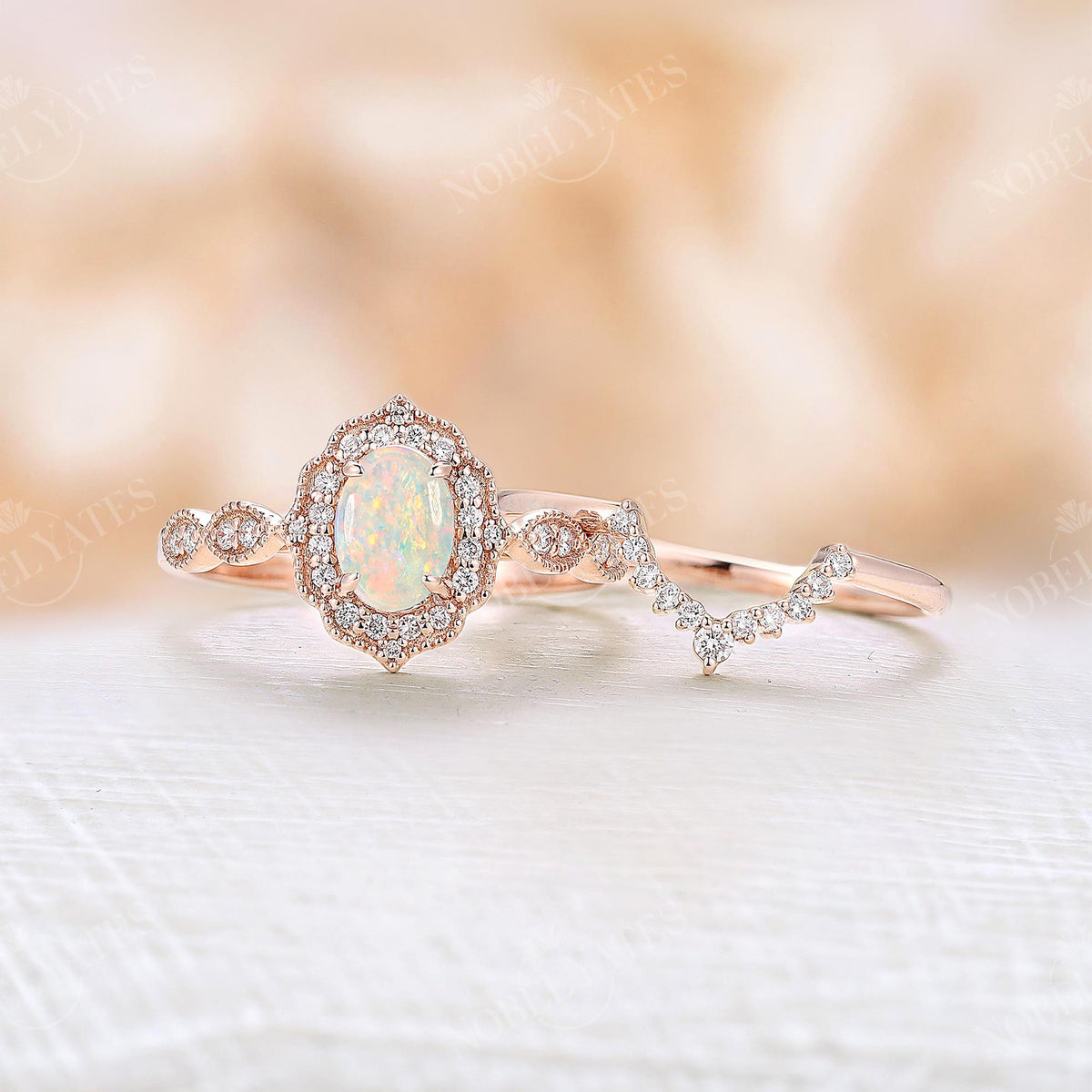 Vintage Oval Opal Milgrain Halo Bridal Set Rose Gold