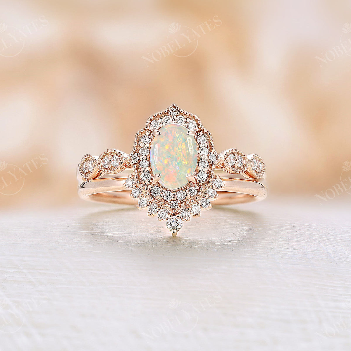 Antique Milgrain Oval Opal Halo Bridal Set Rose Gold