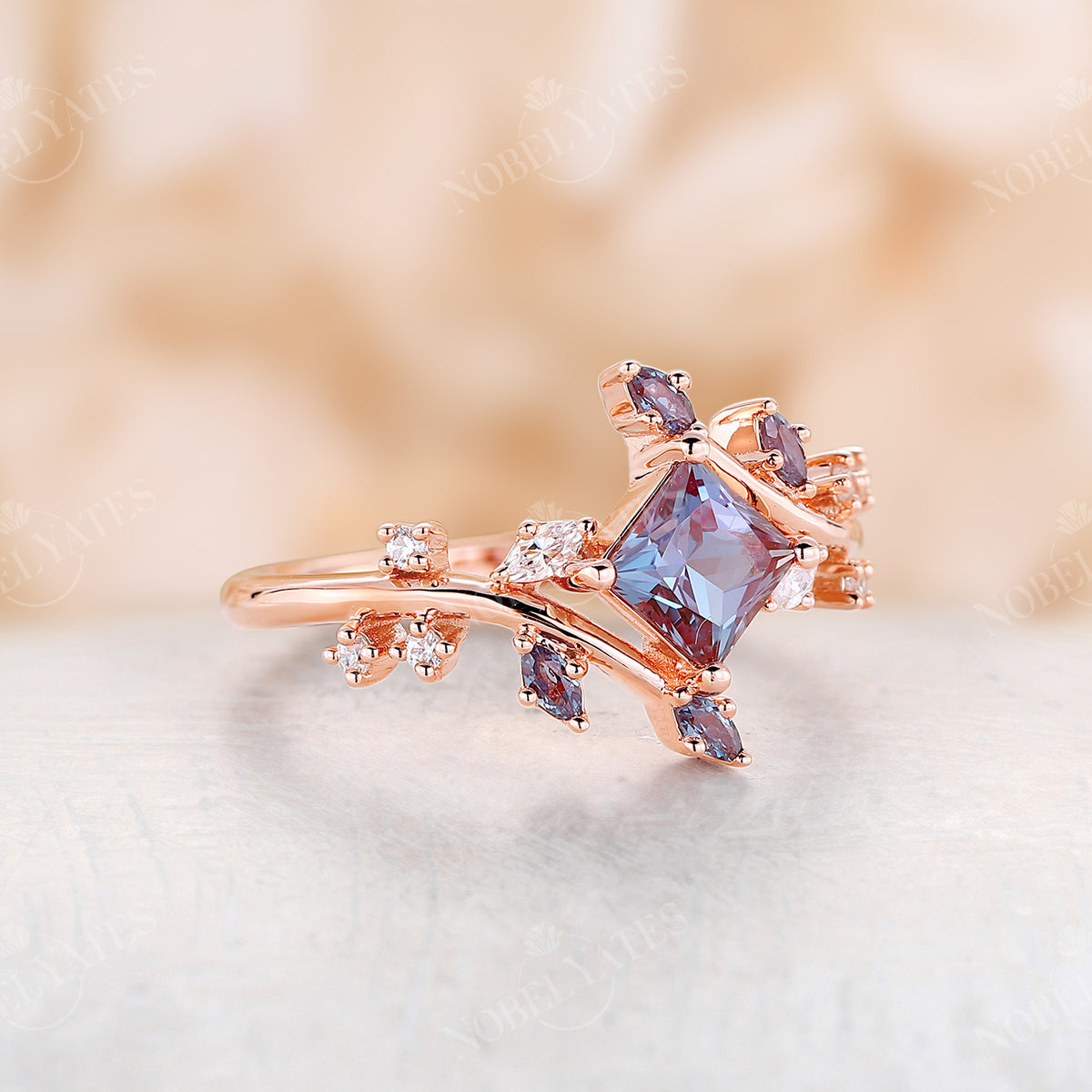 Princess Cut Lab Alexandrite Nature Inspired Branch Engagement Ring Rose Gold