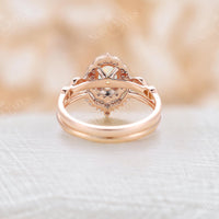 Antique Milgrain Oval Opal Halo Bridal Set Rose Gold