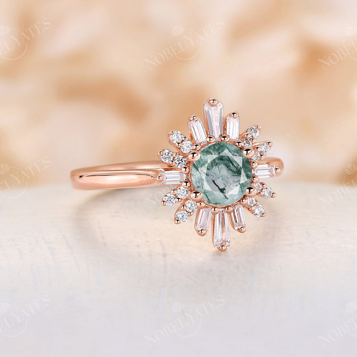 Round Cut Moss Agate Art Deco Rose Gold Halo Engagement Ring