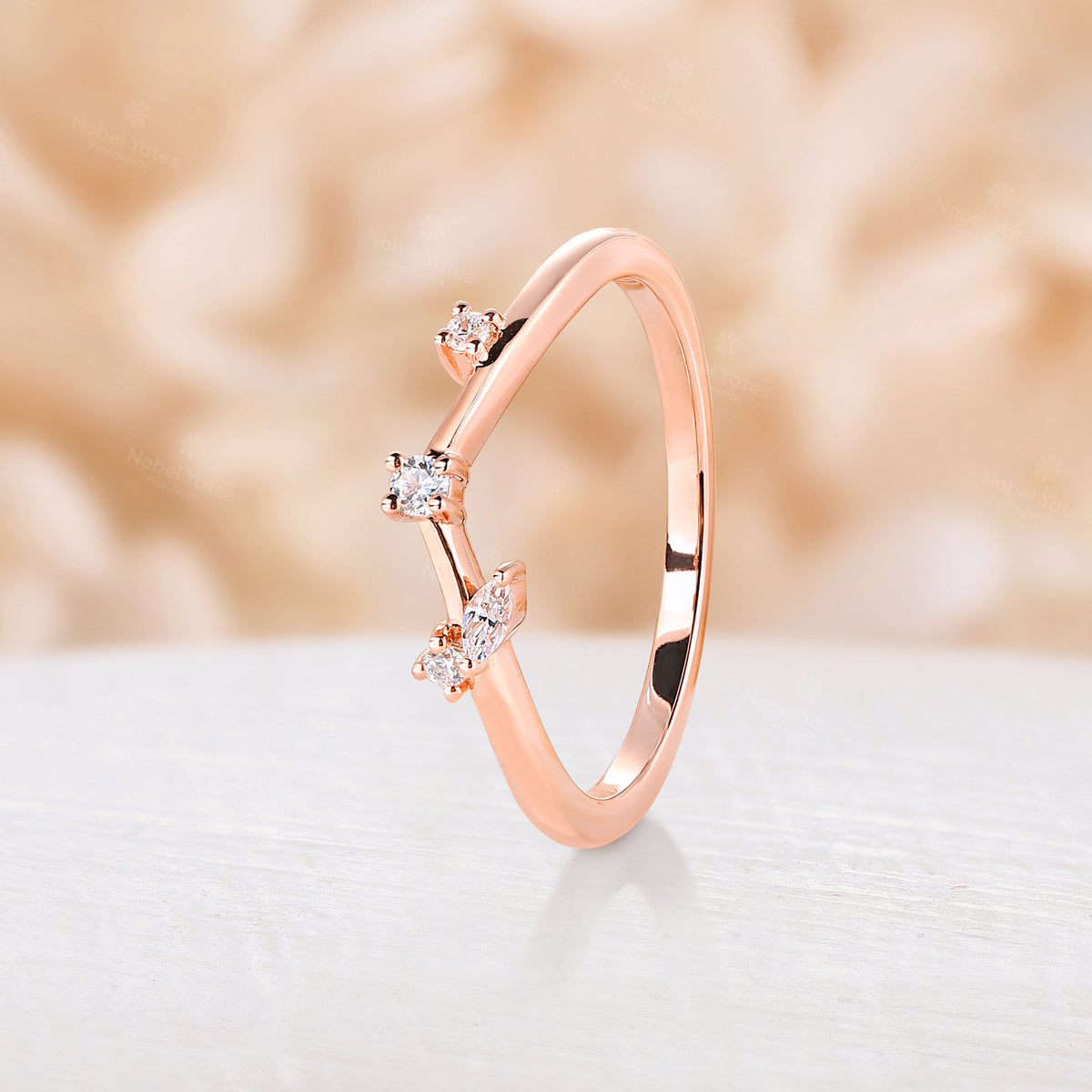 Round Moissanite Curved Rose Gold Matching Wedding Band Dainty