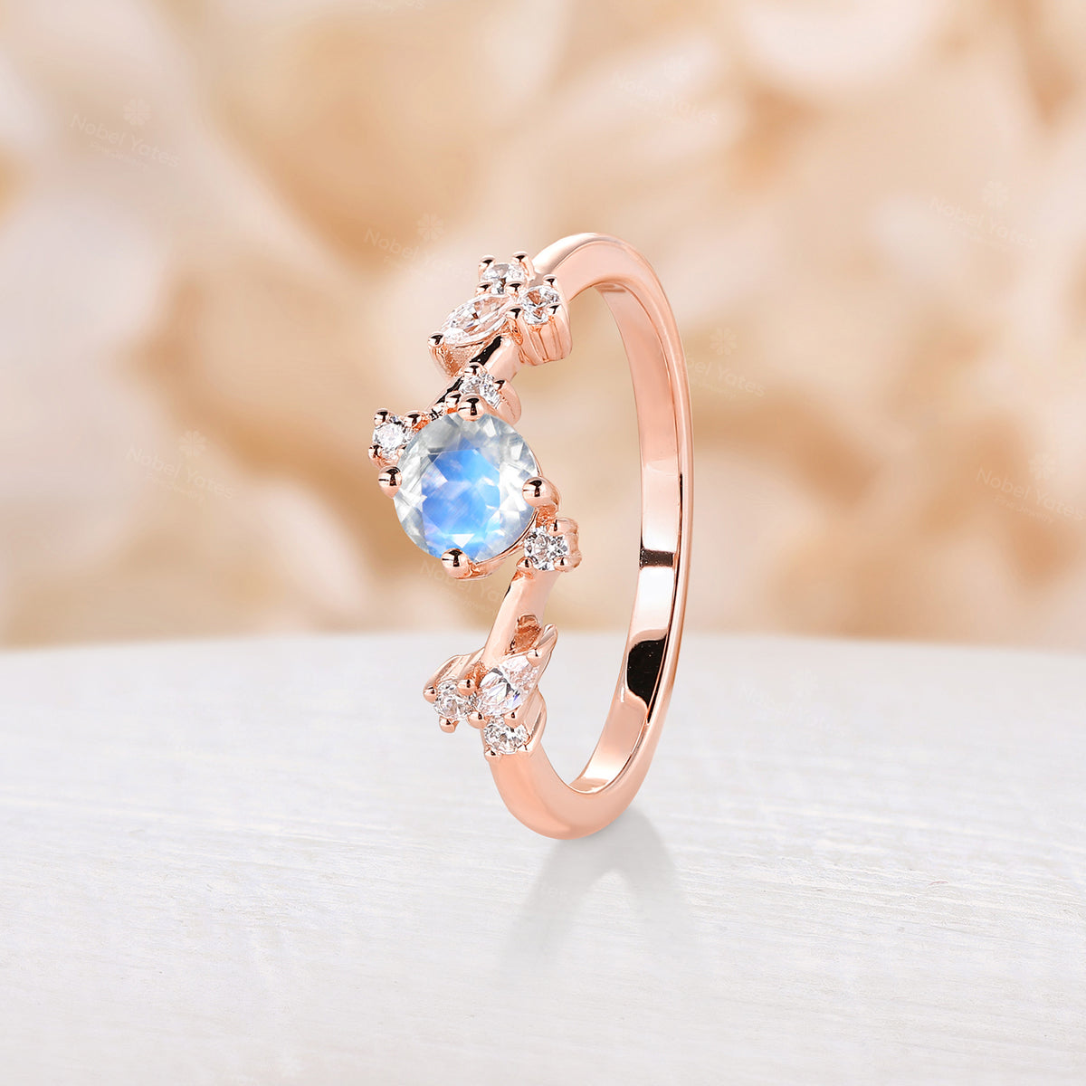 Round Shape Moonstone Engagement Ring Vintage Rose Gold Cluster Bypass Band