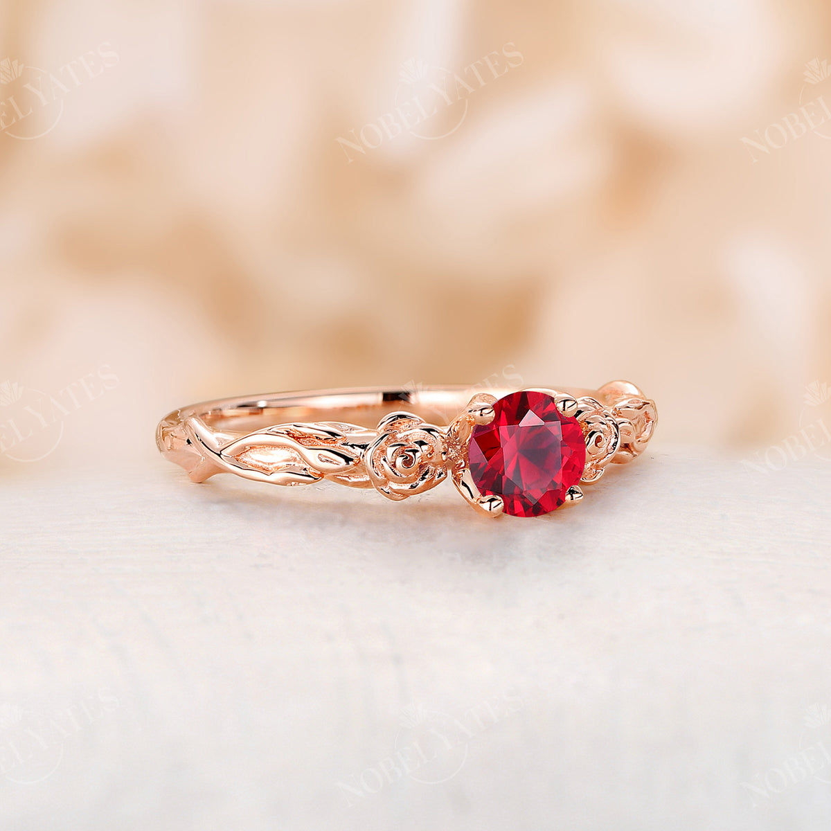 Twist Floral Solitaire Lab Ruby Engagement Ring Nature Rose Gold