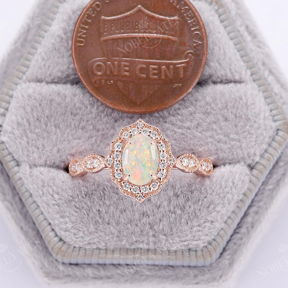 Vintage Oval Opal Milgrain Halo Bridal Set Rose Gold